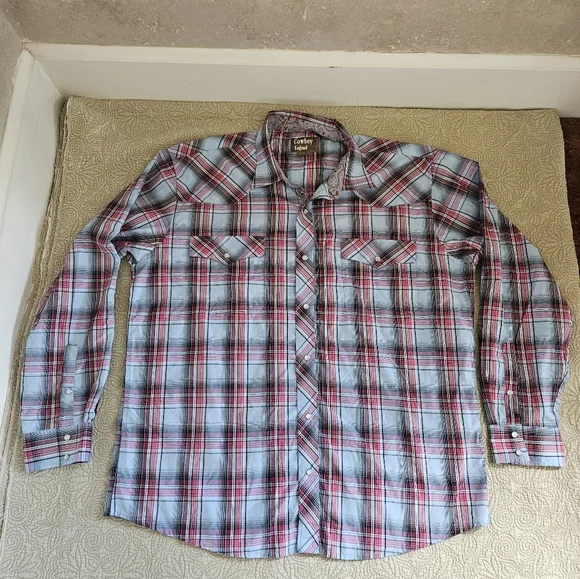 Cowboy Legend 3x mens western pearl snap, blue and pink plaid, long sleeve - Picture 1 of 6